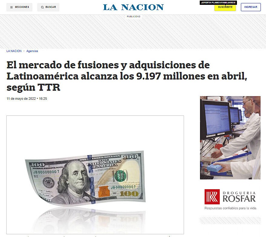 El mercado de fusiones y adquisiciones de Latinoamrica alcanza los 9.197 millones en abril, segn TTR